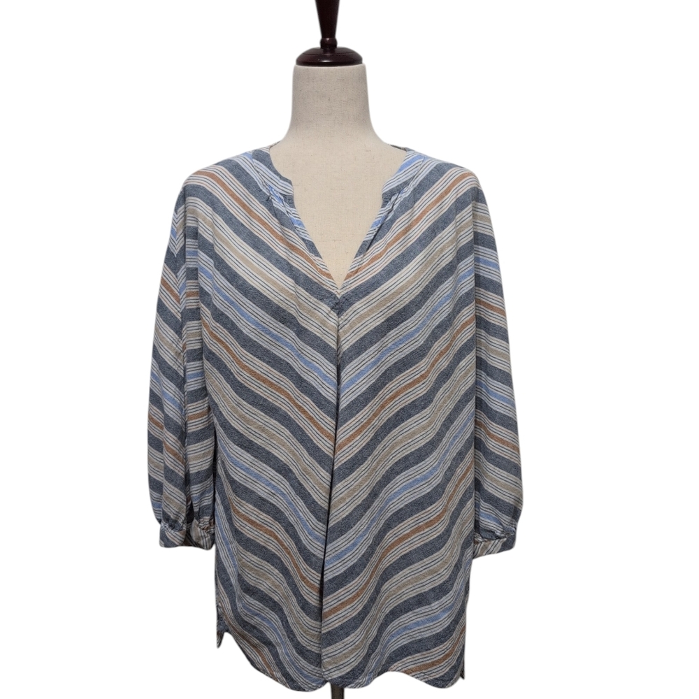 Caslon‎ Linen Blend V-neck Top Stripes Blue And Neutral Color Size 1X